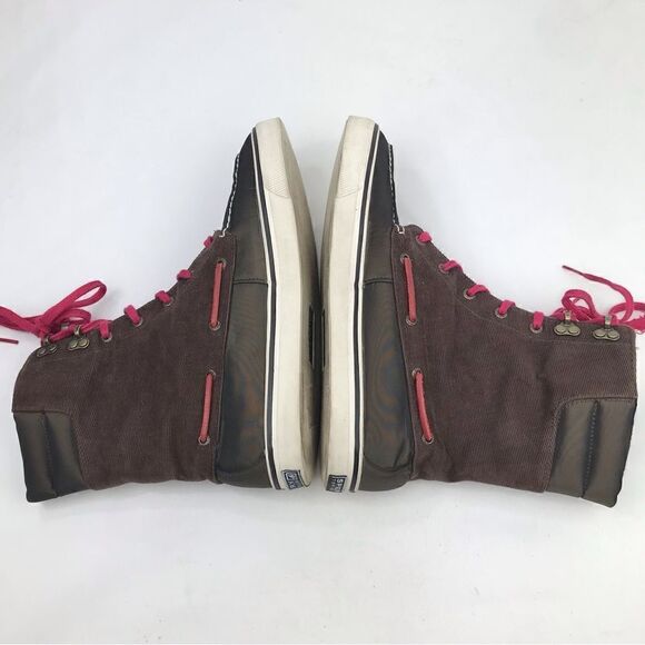 Sperry Top Sider Brown Corduroy Canvas Red Flannel Plaid High Top Sneaker Shoes - Picture 6 of 15